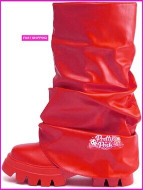 Slouched Ruched Fold Over Boots Wide Calf Platform Chunky Heel Mid Calf Shark